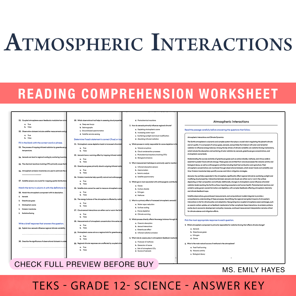 Grade 12 Science worksheet worksheet — 12th Grade Science | Atmospheric Interactions Worksheet (PDF+ Answer Key) — page 1