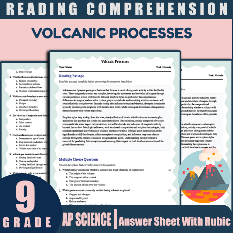Grade 9 Science reading worksheets worksheet — Grade 9 Science | Volcanic Processes Reading Worksheet (PDF + Rubric) — page 1