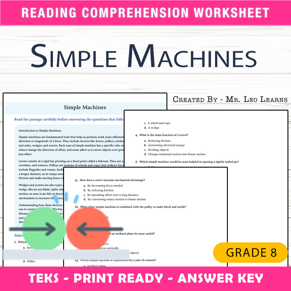 Grade 8 Science worksheet worksheet — Grade 8 Science — Simple Machines Worksheet for Mastery — page 1