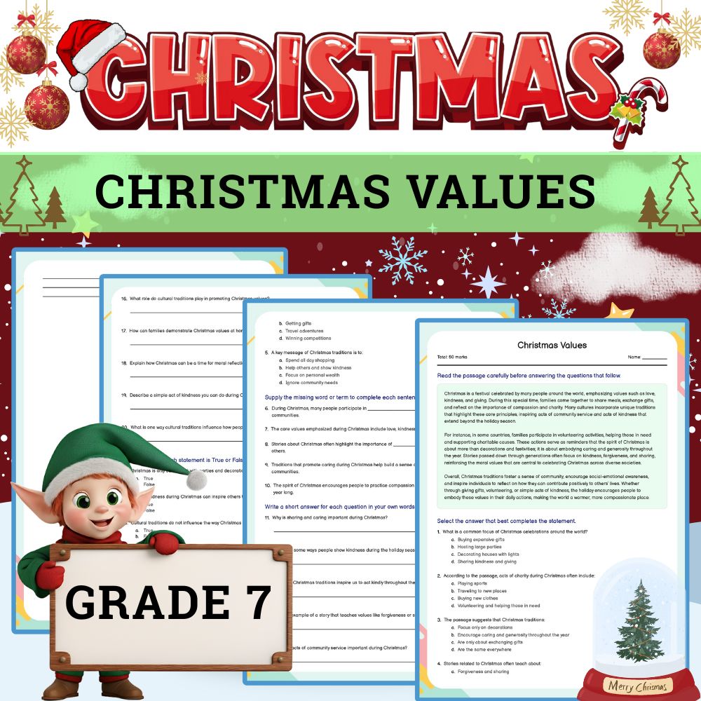 Grade 7 Holiday Classroom Activity | Christmas Values Worksheet