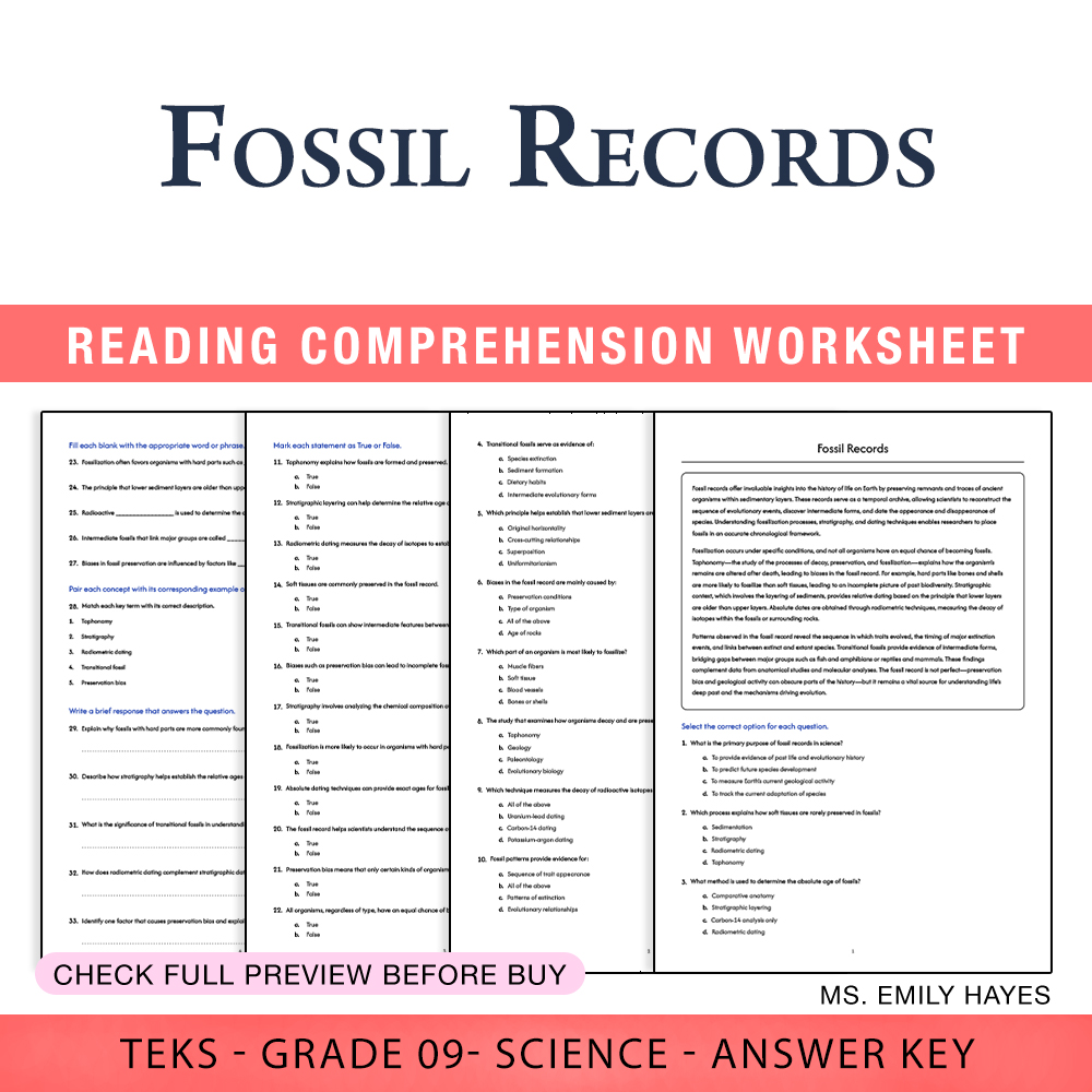 Grade 9 Science worksheet worksheet — 9th Grade Science | Fossil Records Worksheet (PDF+ Answer Key) — page 1