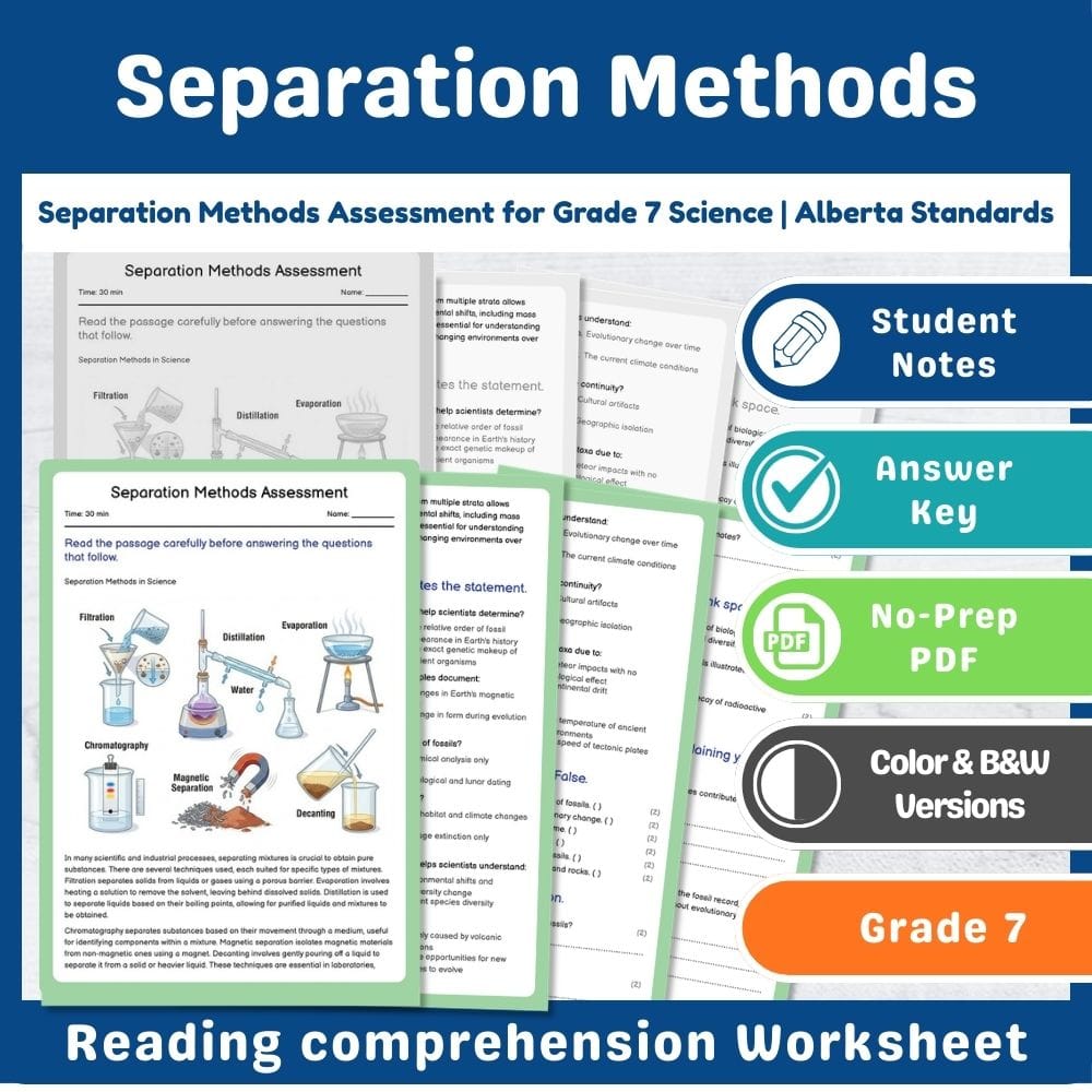 Grade 7 Science assessment worksheet — Separation Methods Assessment for Grade 7 Science | Alberta Standards — page 1