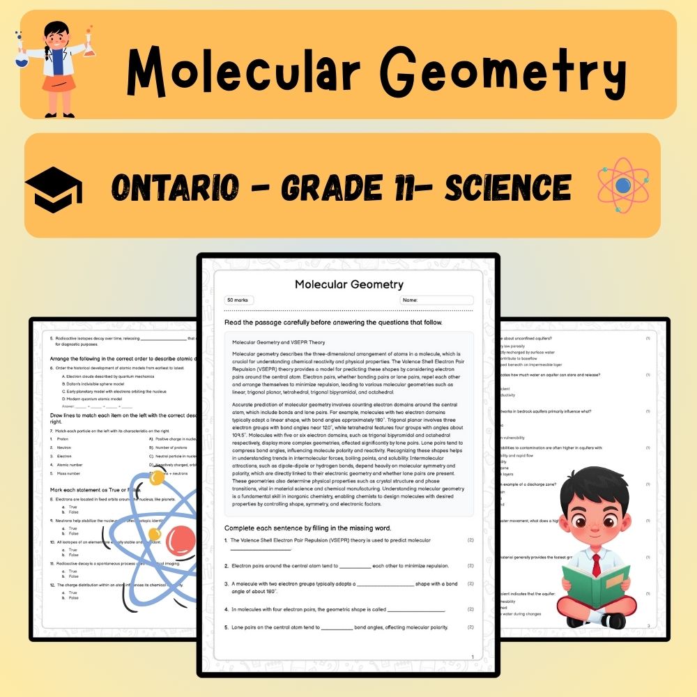 Grade 11 Science worksheet worksheet — Grade 11 Science | Molecular Geometry Worksheet (PDF) – Ontario Standards — page 1