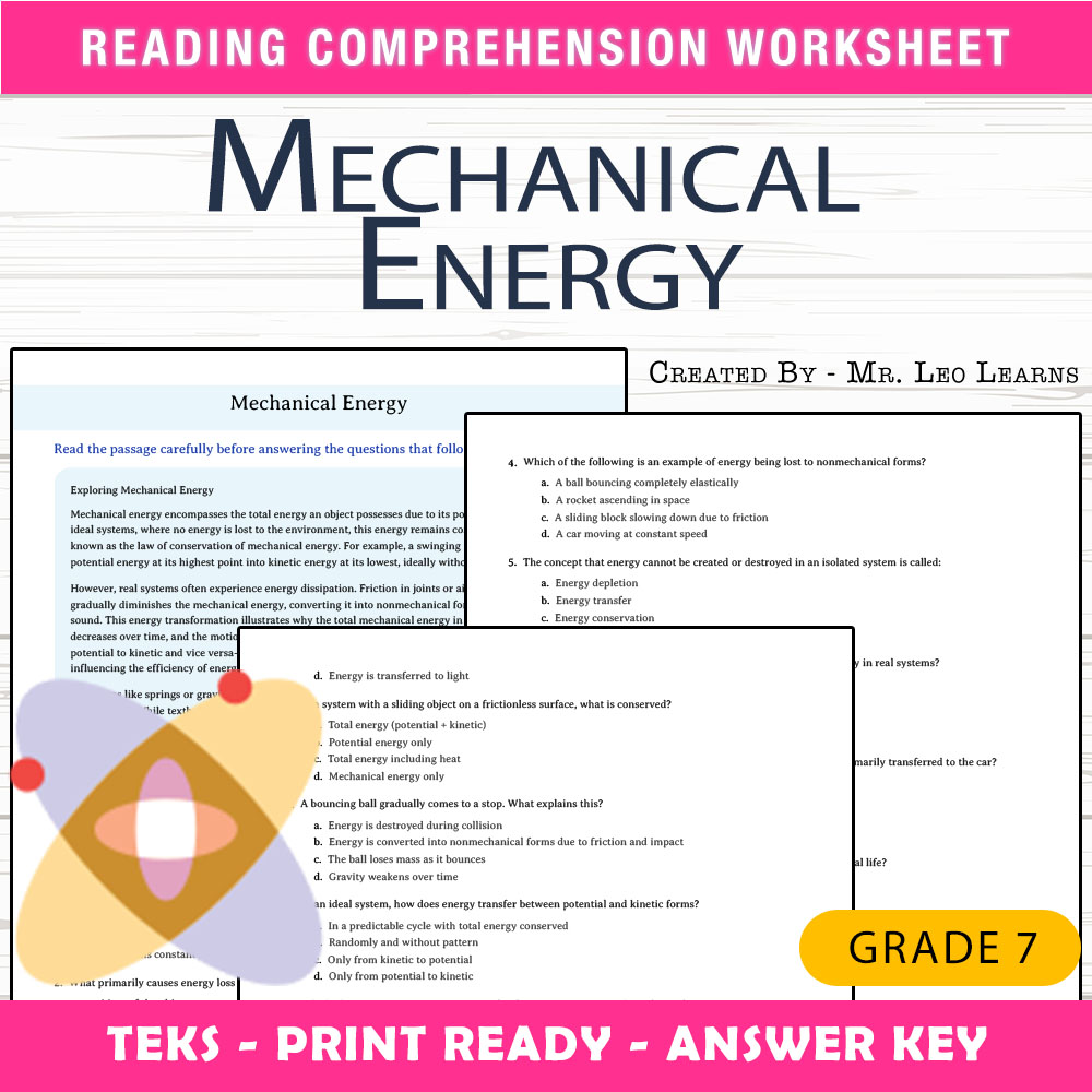 Grade 7 Science worksheet worksheet — Grade 7 Science — Mechanical Energy Worksheet for Mastery — page 1