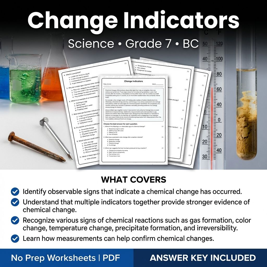 7th Grade Science Worksheet | Change Indicators Practice & Assessment PDF