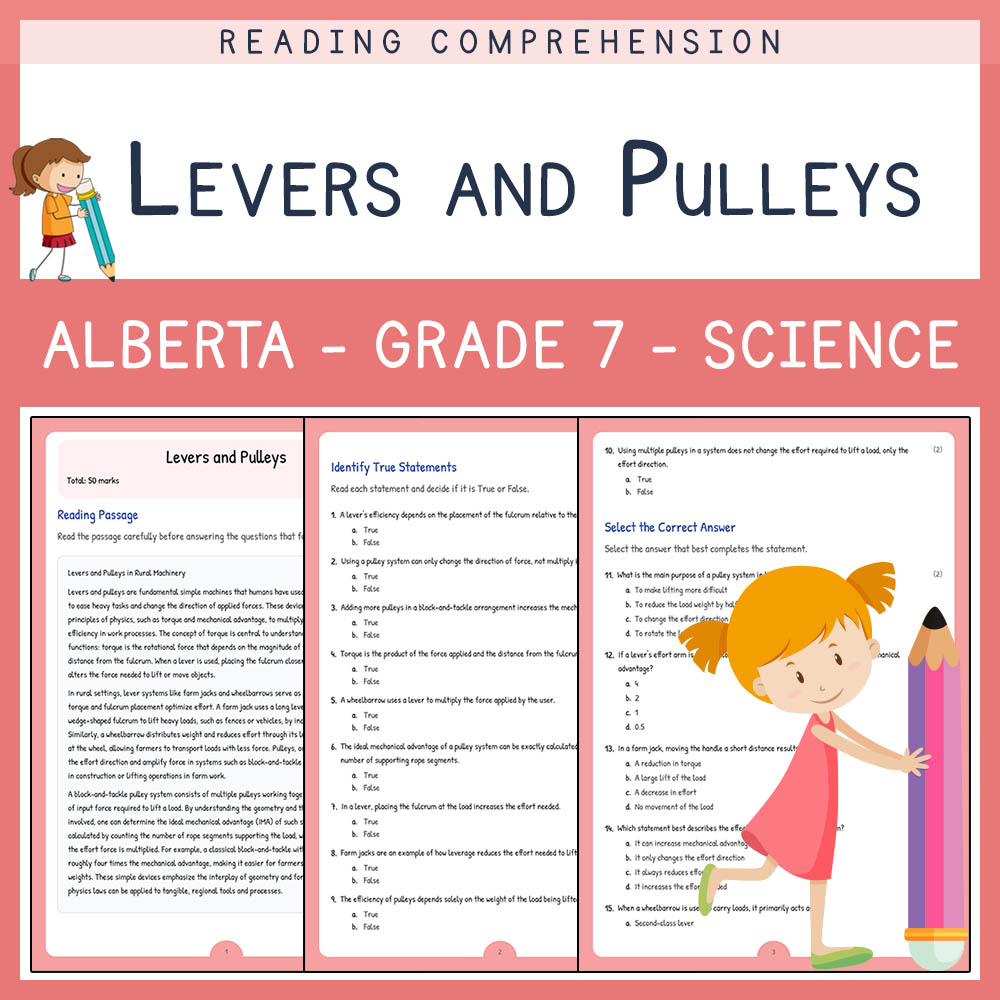 Grade 7 Science worksheet elena worksheet — Grade 7 Science Assessment | Levers and Pulleys Worksheet | Alberta — page 1