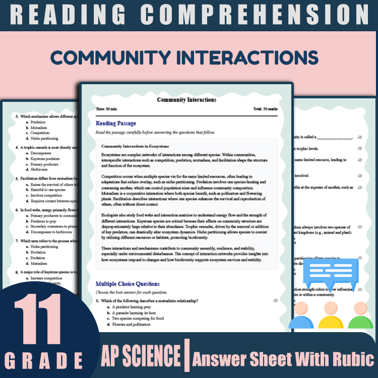 Grade 11 Science reading worksheets worksheet — Grade 11 Science Reading Worksheet | Community Interactions — page 1