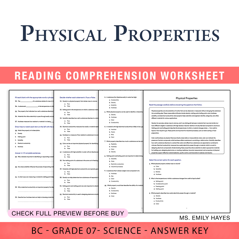 Grade 7 Science worksheet worksheet — 7th Grade Science | Physical Properties Worksheet (PDF+ Answer Key) — page 1