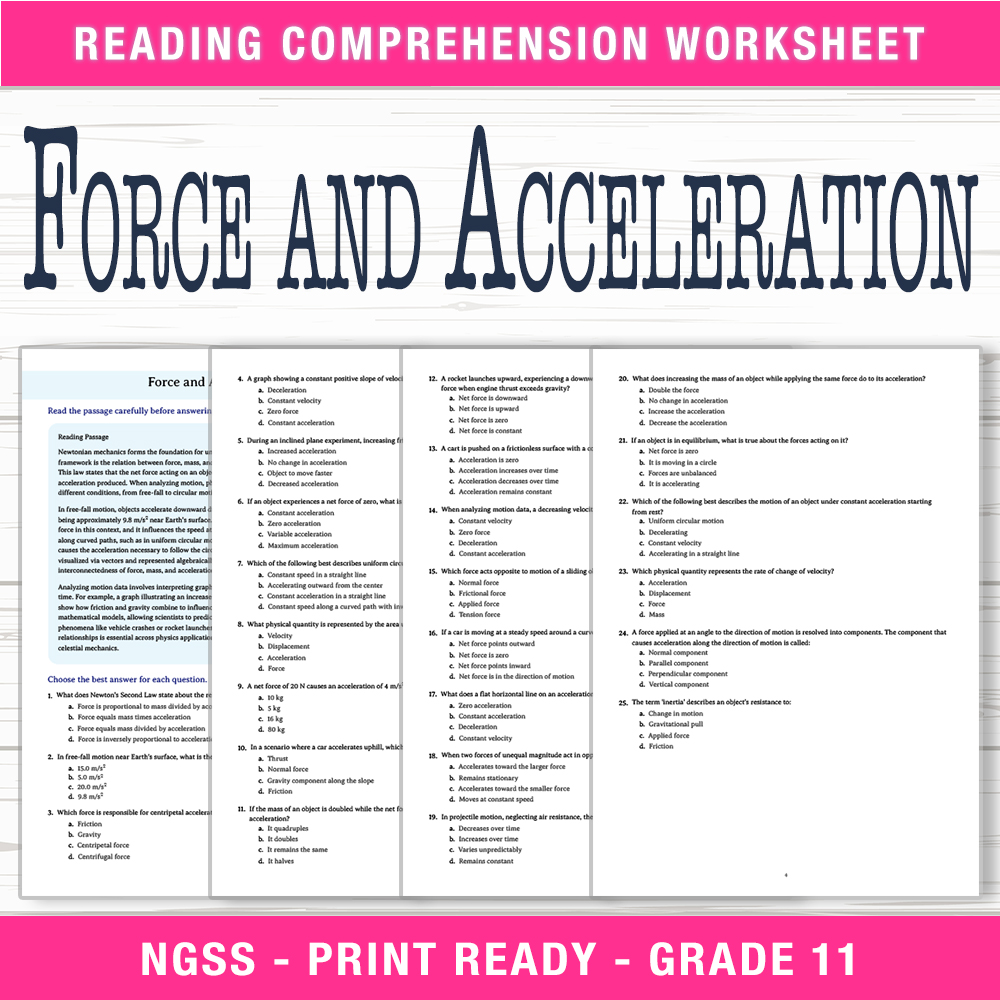 Grade 11 Science worksheet worksheet — Grade 11 Science | Force and Acceleration Worksheet (PDF + Answer Key) — page 1