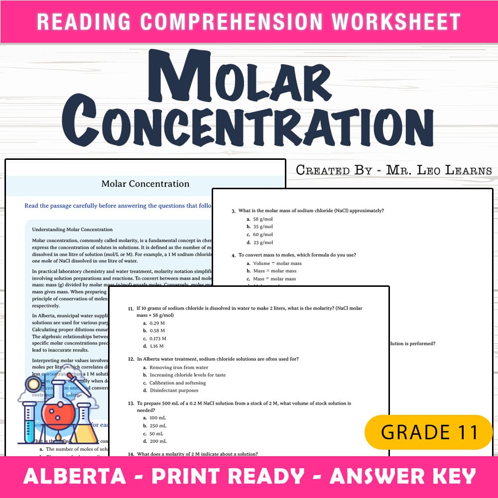 Grade 11 Science worksheet mcq paper worksheet — Grade 11 Science — Worksheet MCQ Paper for Mastering Molar Concentration…