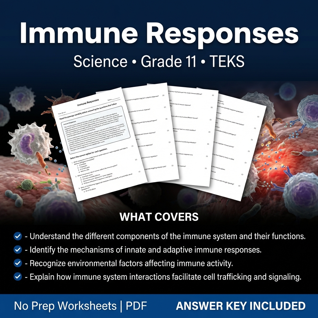Grade 11 Science Worksheet on Immune Responses | TEKS Aligned