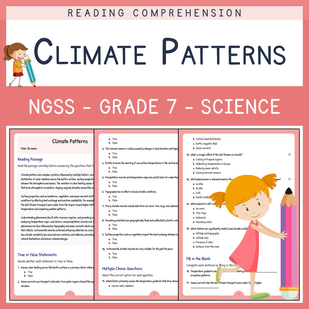 Grade 7 Science worksheet worksheet — Grade 7 Science | Climate Patterns Worksheet with Answer Key (NGSS Aligned) — page 1