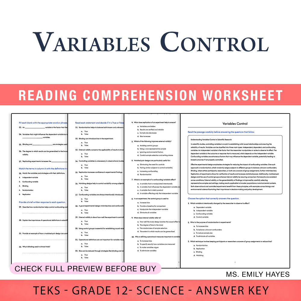 Grade 12 Science worksheet worksheet — 12th Grade Science | Variables Control Worksheet (PDF+ Answer Key) — page 1