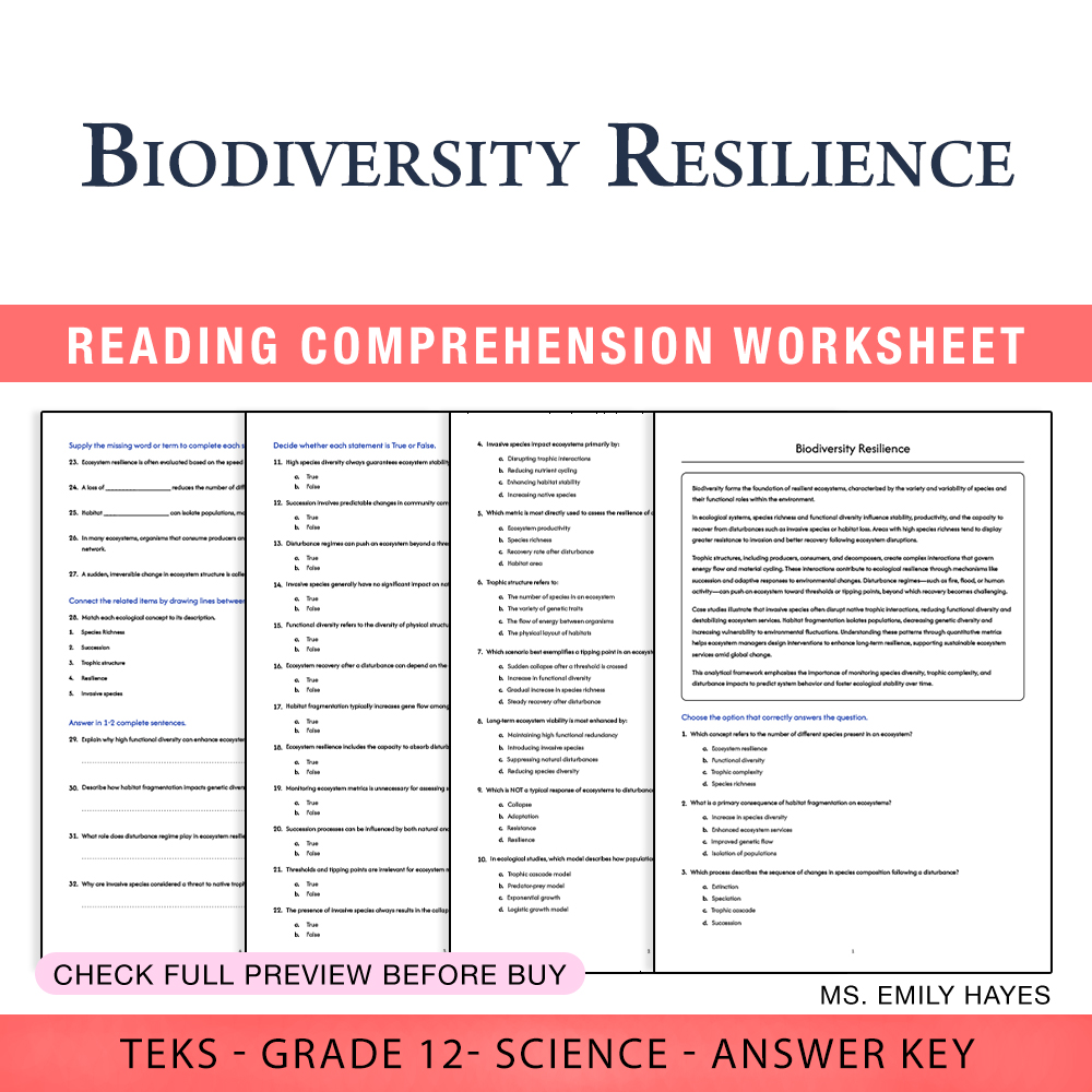 Grade 12 Science worksheet worksheet — Grade 12 Science | Biodiversity Resilience Worksheet (PDF+ Answer Key) — page 1