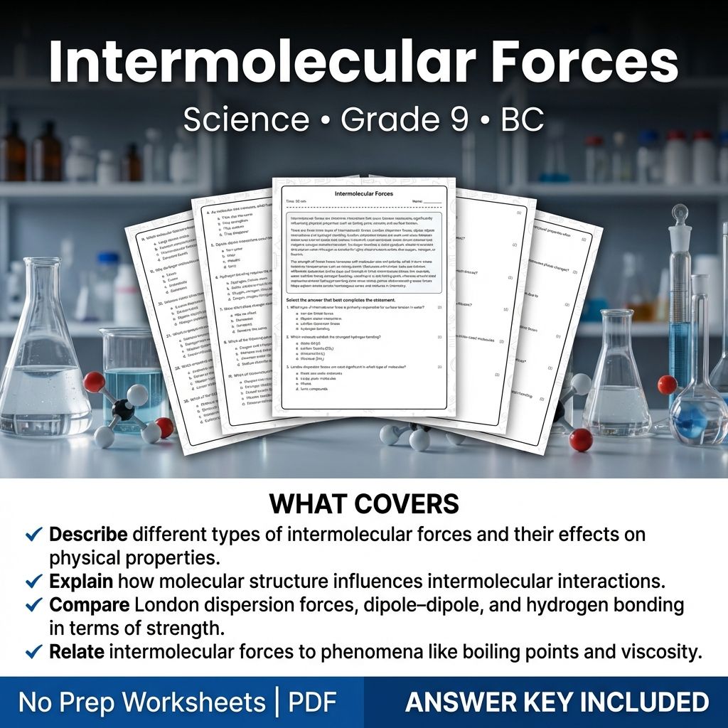 9th Grade Science | Intermolecular Forces Worksheet & Answer Key (Printable PDF)