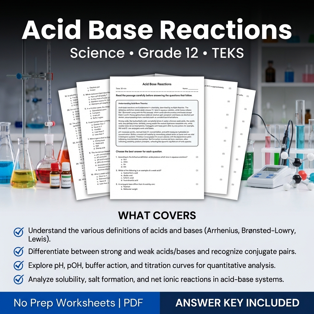 Grade 12 Science Worksheet on Acid Base Reactions | TEKS Aligned Practice