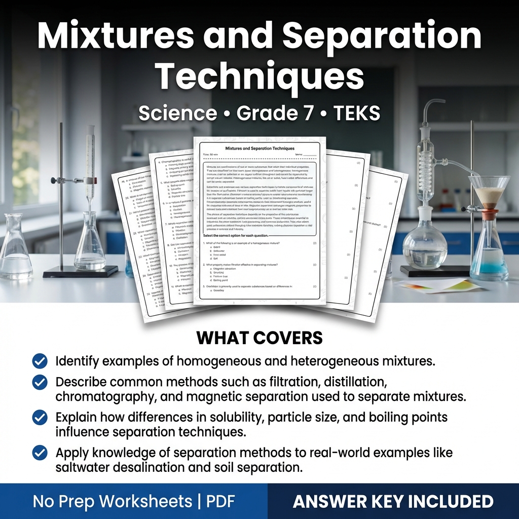 Grade 7 Science worksheet — Grade 7 Science Worksheet on Mixtures and Separation Techniques TEKS