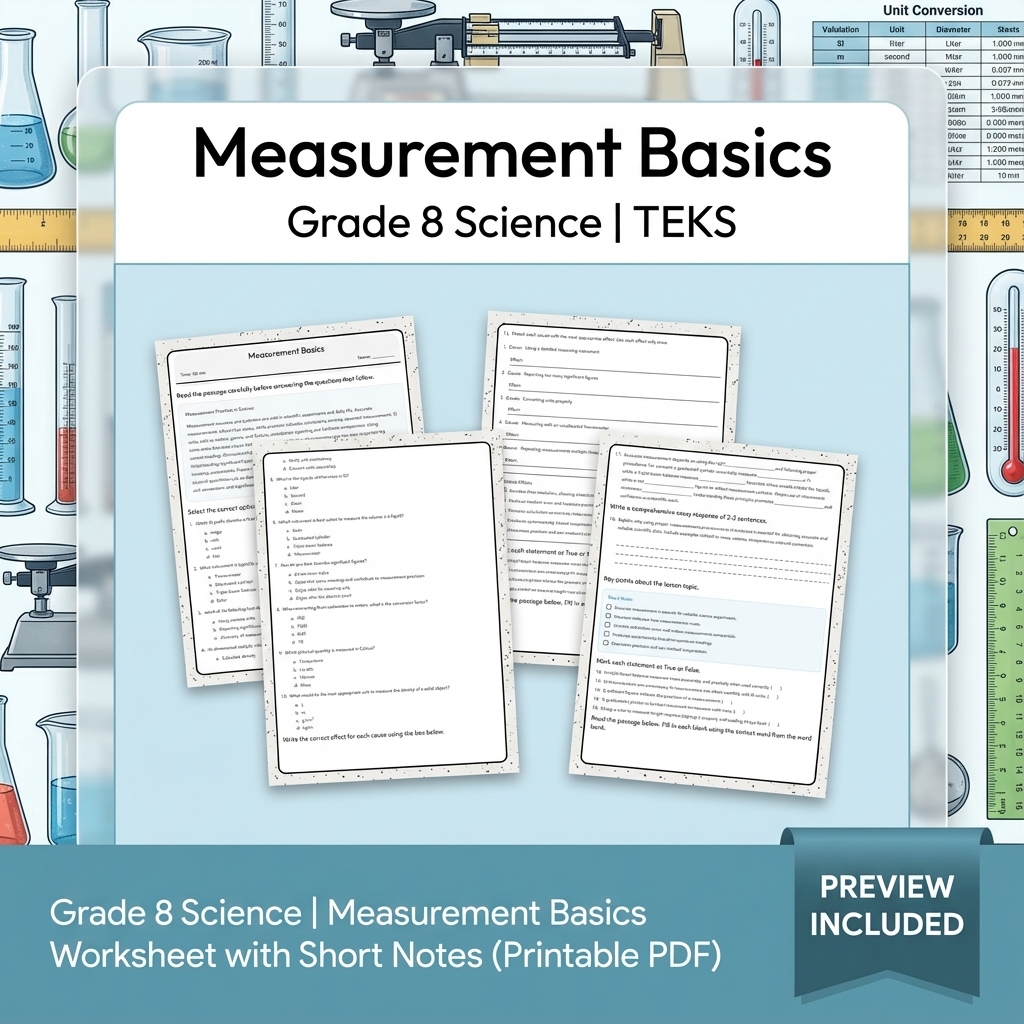 Grade 8 Science | Measurement Basics Worksheet with Short Notes (Printable PDF)