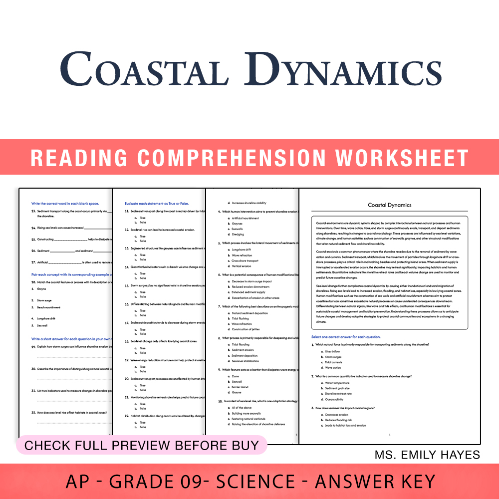 Grade 9 Science worksheet worksheet — Grade 9 Science | Coastal Dynamics Worksheet (PDF+ Answer Key) — page 1