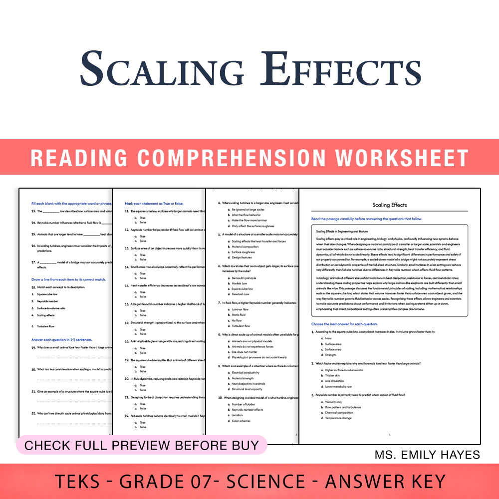 Grade 7 Science worksheet worksheet — 7th Grade Science | Scaling Effects Worksheet (PDF+ Answer Key) — page 1