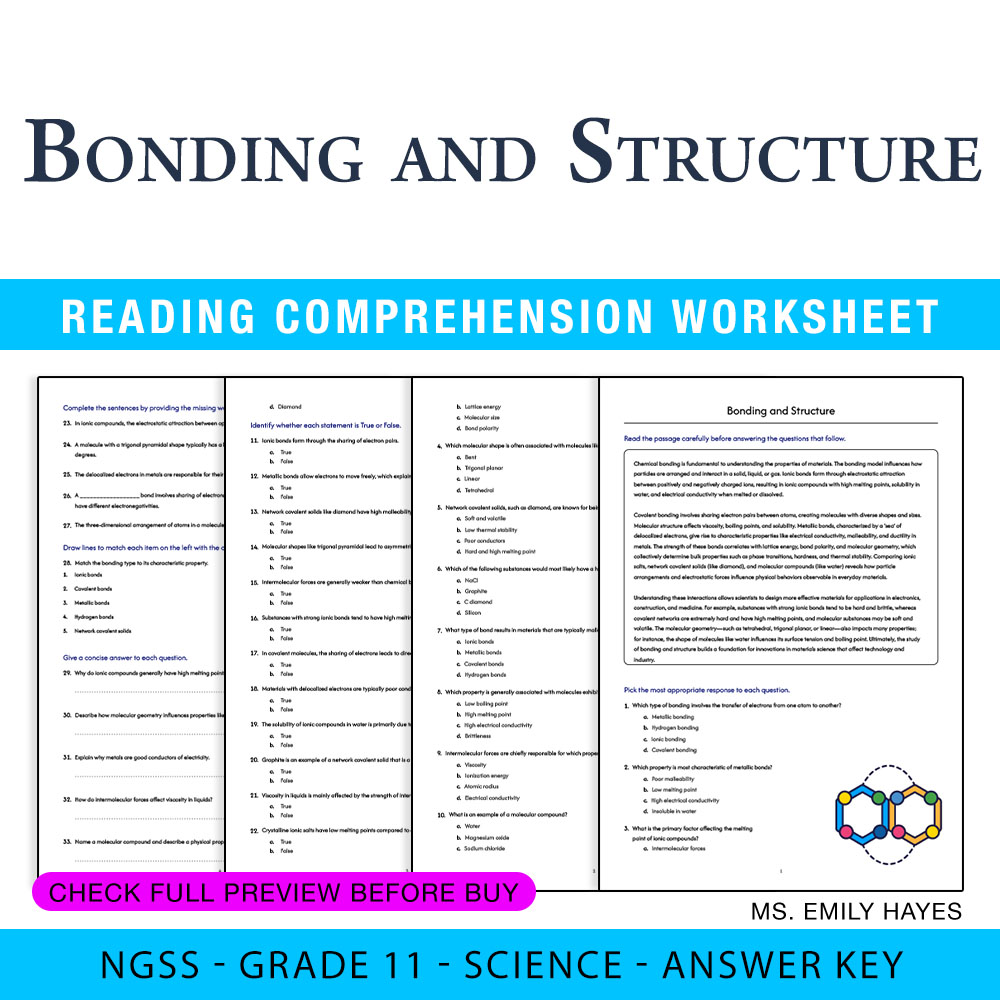 Grade 11 Science — worksheet — 11th Grade Science | Bonding and Structure Worksheet (PDF+ Answer Key) — page 1