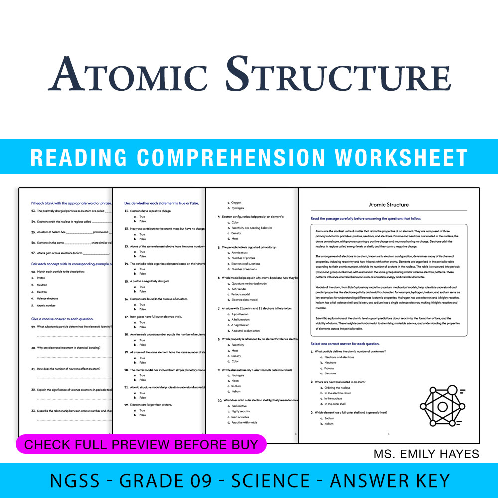 Grade 9 Science worksheet worksheet — 9th Grade Science | Atomic Structure Worksheet (PDF+ Answer Key) — page 1