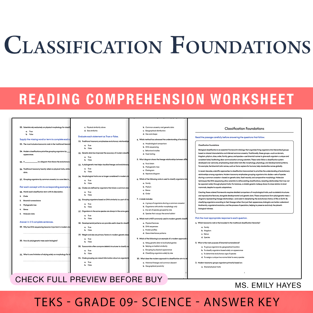Grade 9 Science worksheet worksheet — 9th Grade Science | Classification Foundations Worksheet (PDF+ Answer Key) — page 1