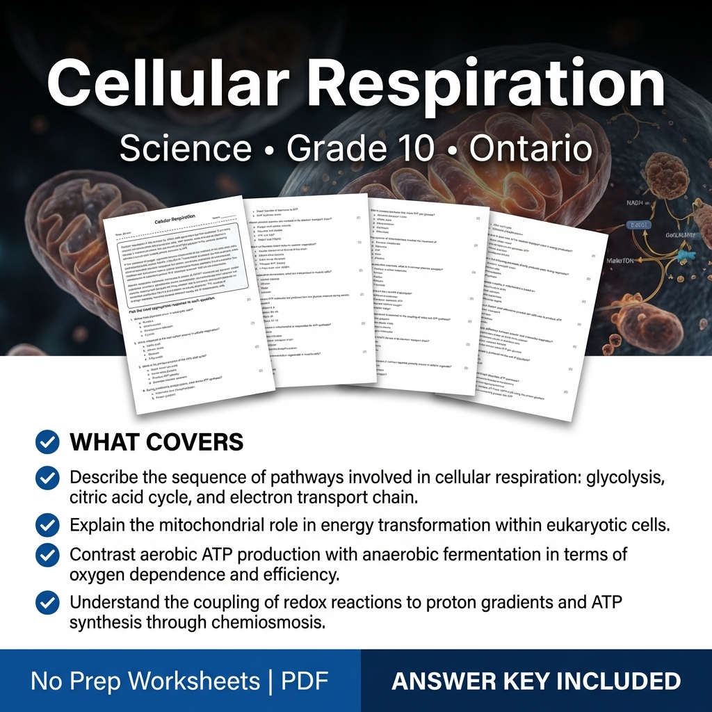 Cellular Respiration Worksheet for Grade 10 Science | Ontario Standards