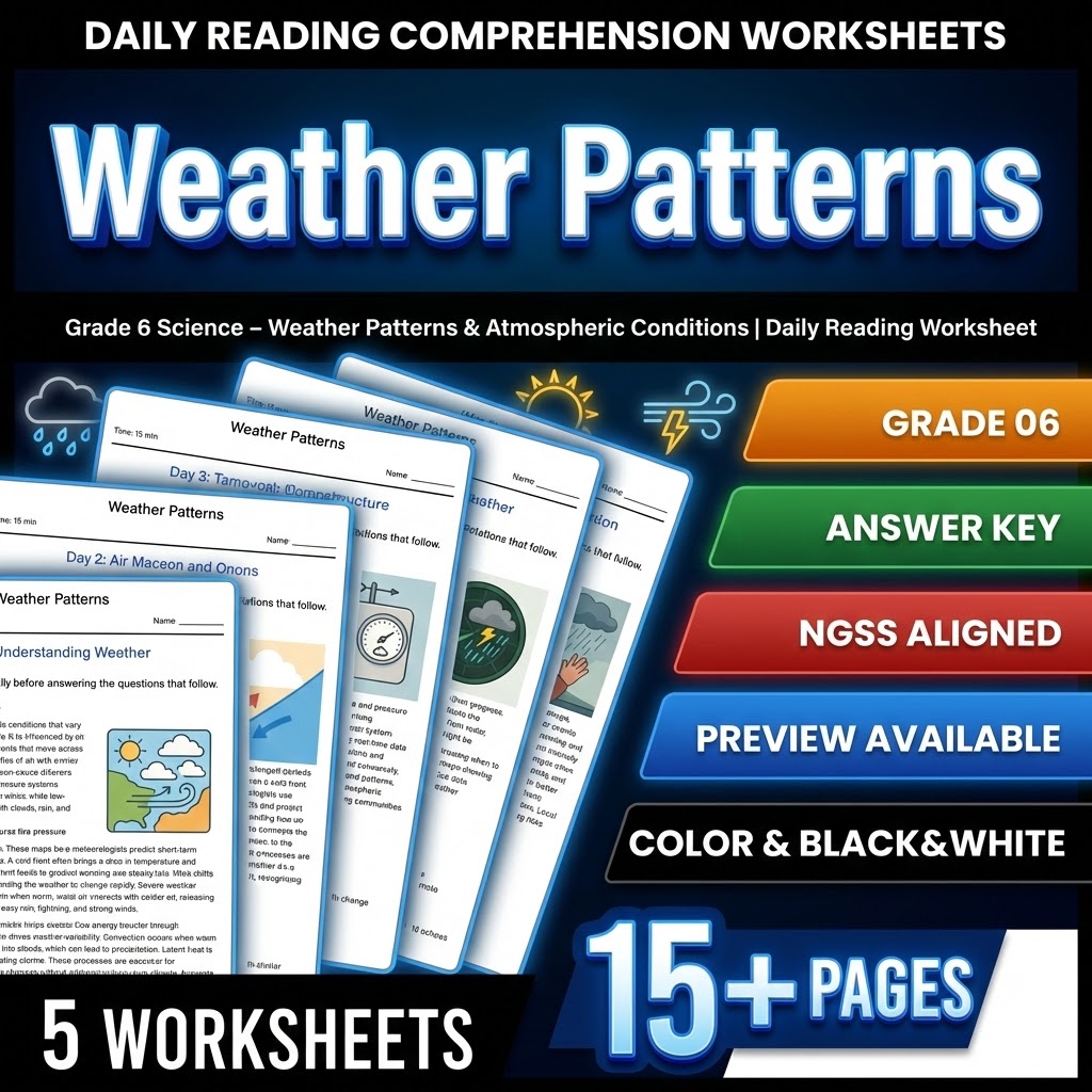 Grade 6 Science daily reading worksheet — Grade 6 Science – Weather Patterns & Atmospheric Conditions | Daily Reading
