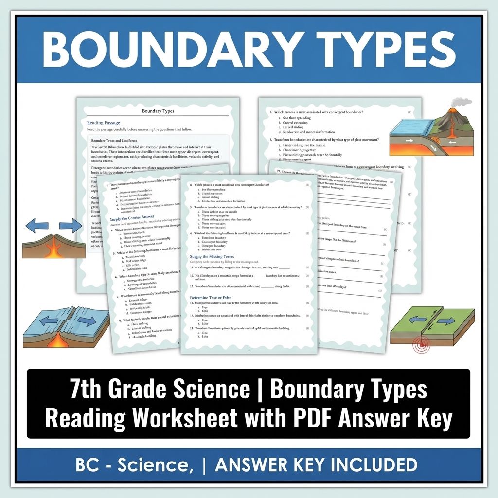 7th Grade Science | Boundary Types Reading Worksheet with PDF Answer Key