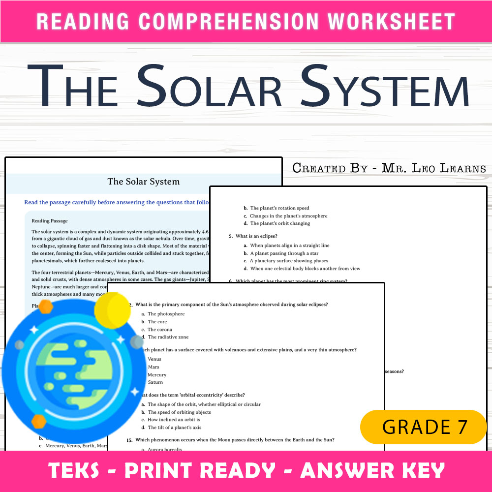 Grade 7 Science worksheet worksheet — Grade 7 Science – The Solar System Worksheet for Mastering Celestial Bodies — page 1
