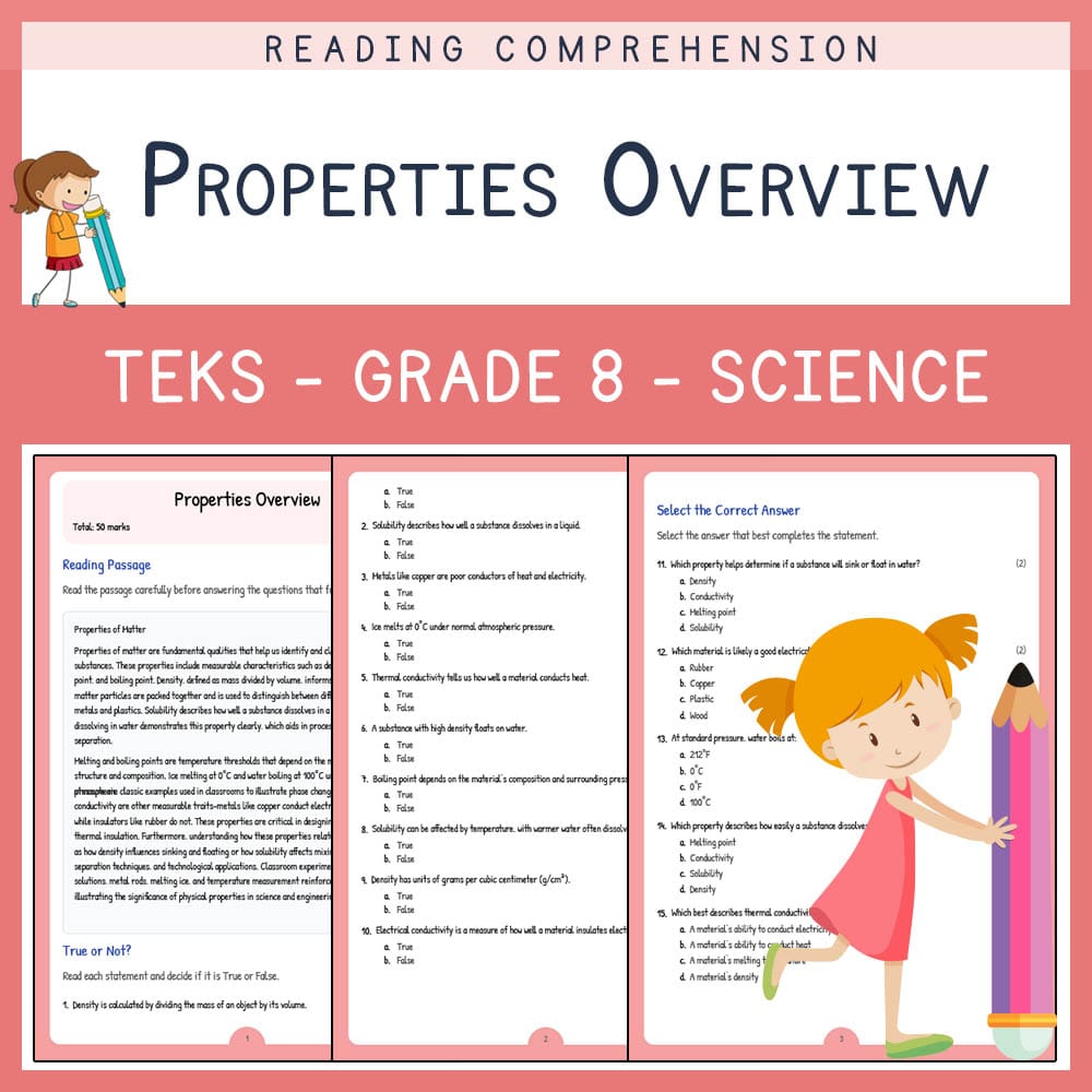Grade 8 Science worksheet elena worksheet — Grade 8 Science | Properties Overview Worksheet | TEKS Alligned — page 1
