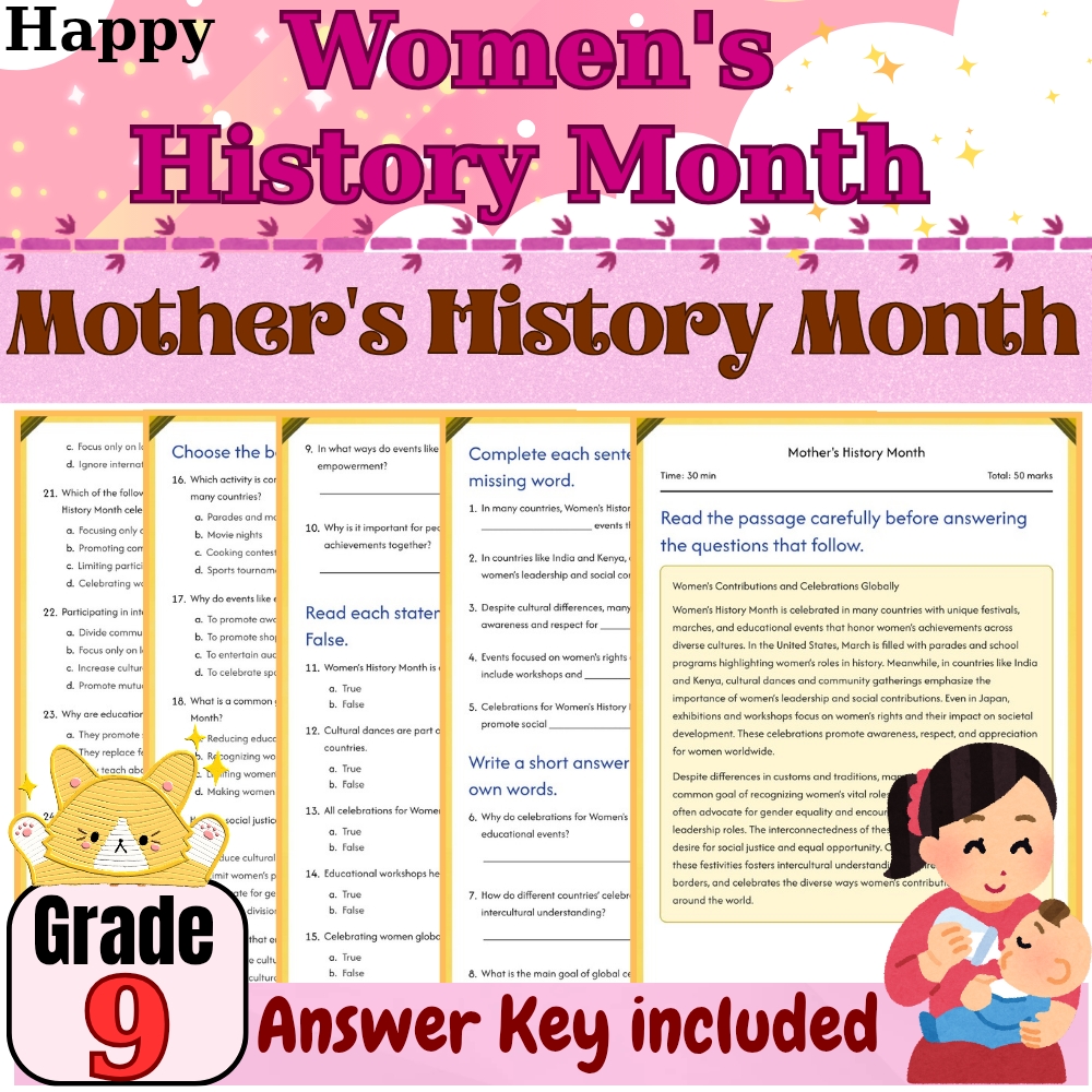 Grade 9 Seasonal History Month Worksheet for Mother's History | PDF + Answer Key