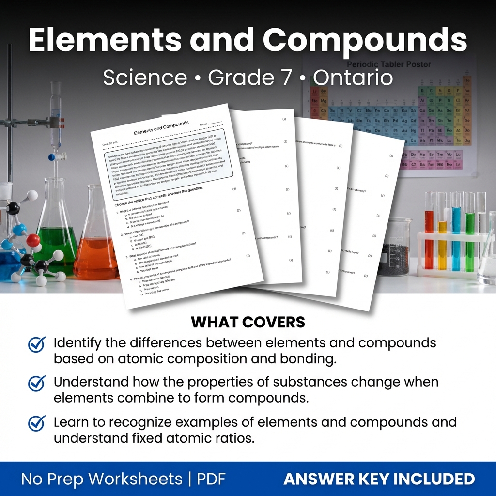 Elements and Compounds Worksheet | Grade 7 Science Ontario Standards