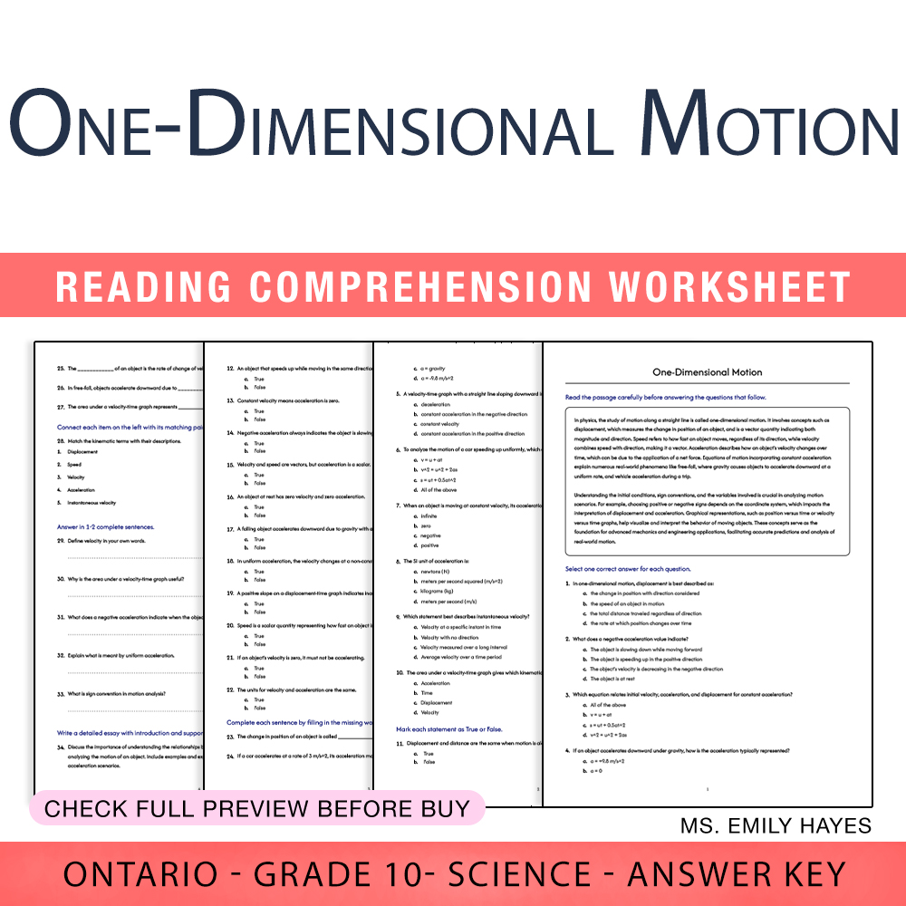 Grade 10 Science worksheet worksheet — 10th Grade Science | One-Dimensional Motion Worksheet (PDF + Answer Key) — page 1