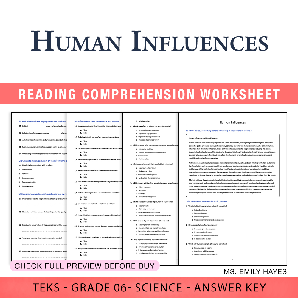 Grade 6 Science worksheet worksheet — 6th Grade Science | Human Influences Worksheet (PDF+ Answer Key) — page 1