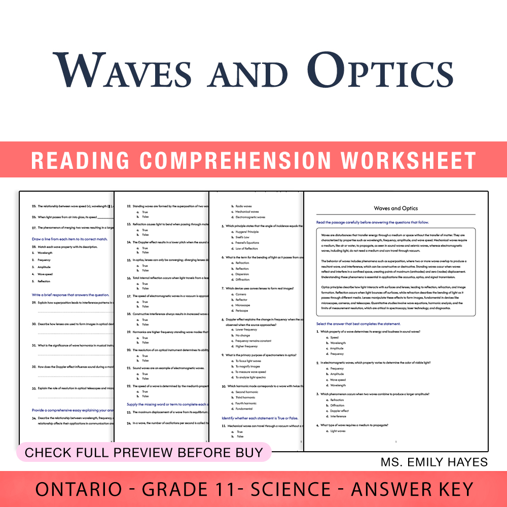 Grade 11 Science worksheet worksheet — 11th Grade Science | Waves and Optics Worksheet (PDF + Answer Key) — page 1