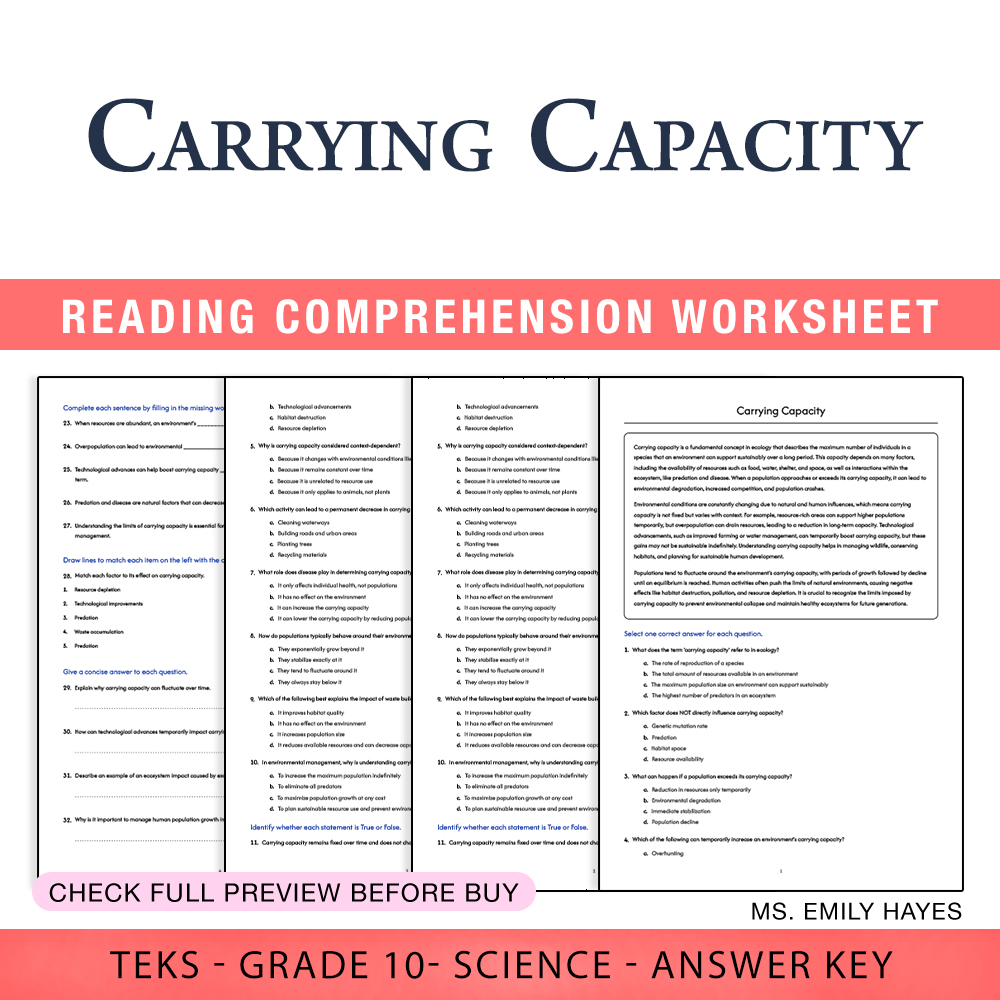 Grade 10 Science worksheet worksheet — 10th Grade Science | Carrying Capacity Worksheet (PDF+ Answer Key) — page 1