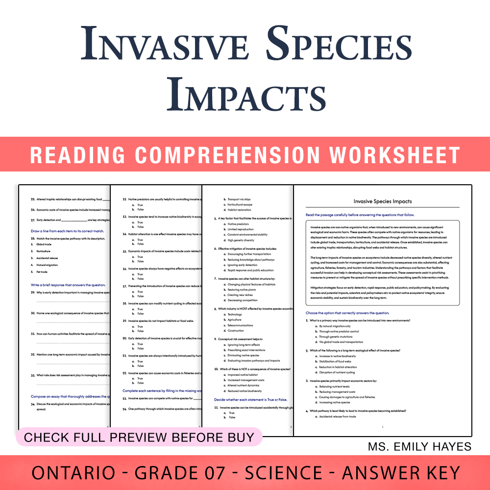 Grade 7 Science worksheet worksheet — 7th Grade Science | Invasive Species Impacts Worksheet (PDF + Answer Key) — page 1