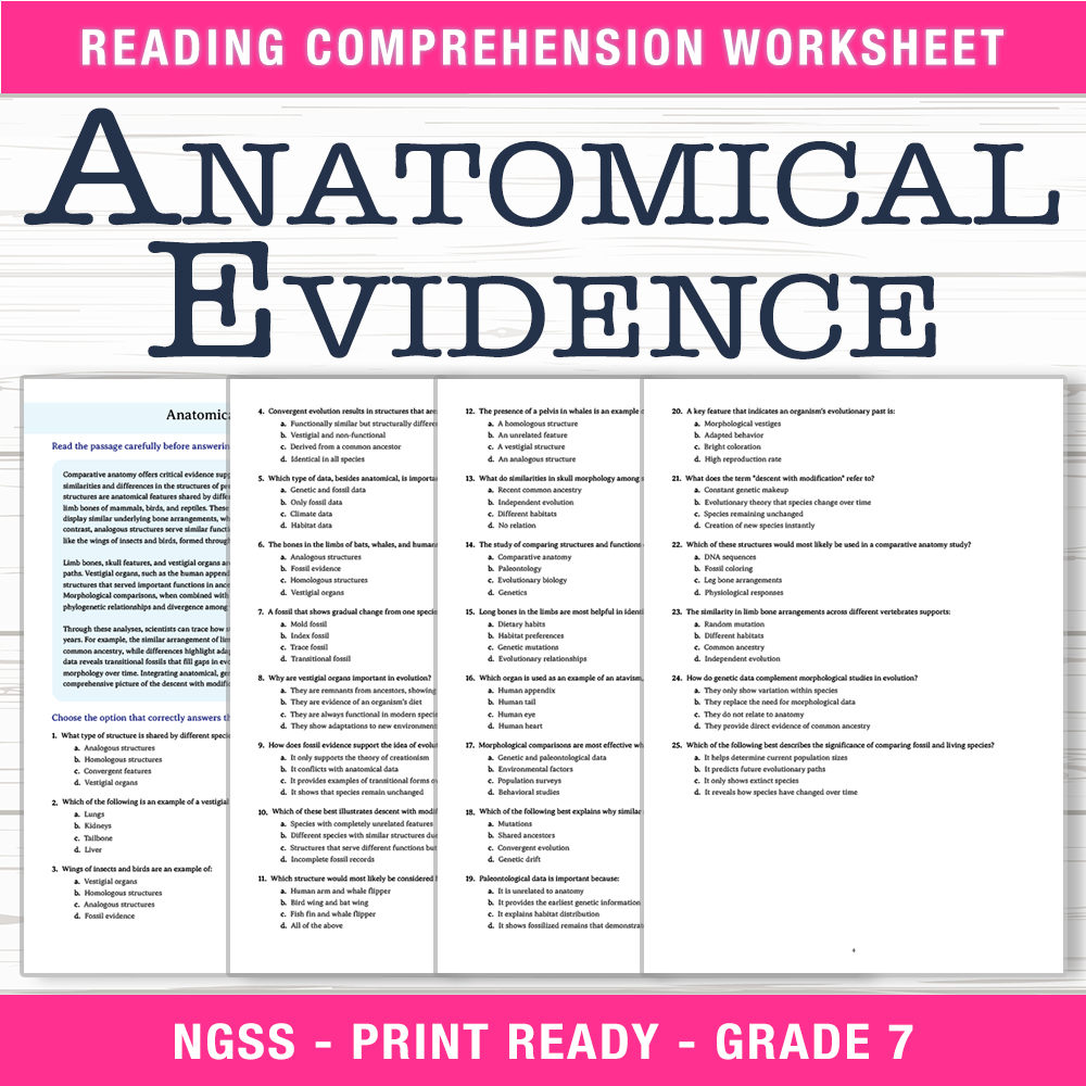 Grade 7 Science worksheet worksheet — Grade 7 Science | Anatomical Evidence Worksheet (PDF + Answer Key) — page 1