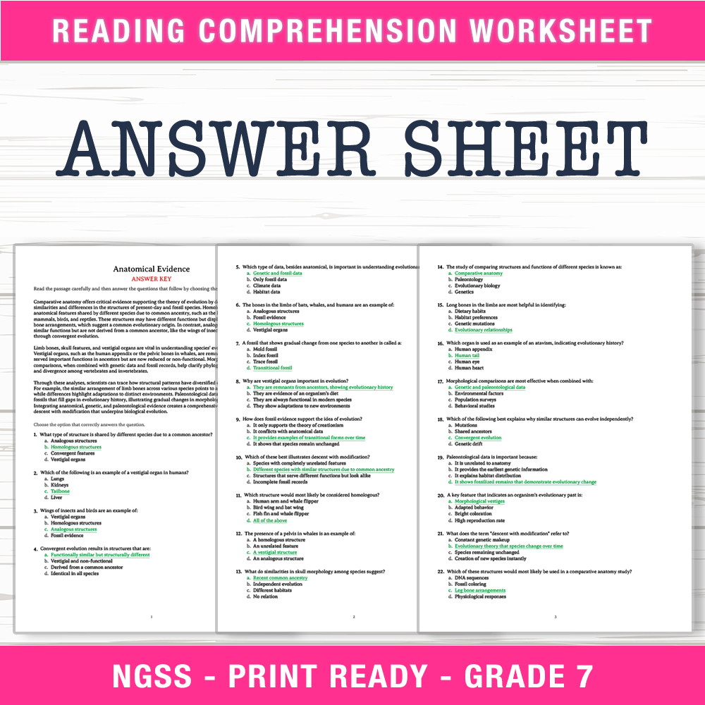 Grade 7 Science worksheet worksheet — Grade 7 Science | Anatomical Evidence Worksheet (PDF + Answer Key) — page 2