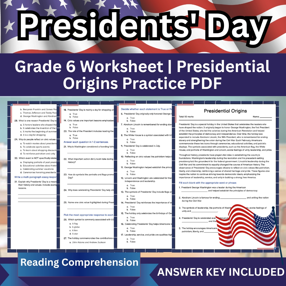 Grade 6 Seasonal | Presidential Origins Worksheet (Printable PDF) with Answer Key