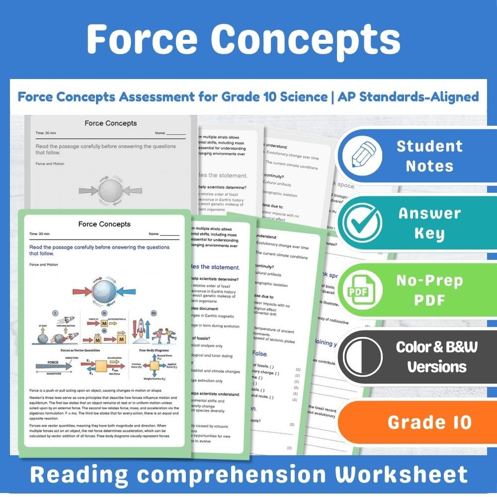 Grade 10 Science assessment worksheet — Force Concepts Assessment for Grade 10 Science | AP Standards-Aligned — page 1