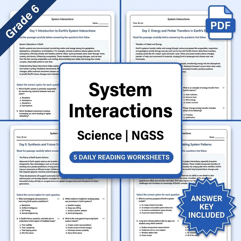 Grade 6 Science daily reading worksheet — Grade 6 Science – System Interactions Daily Reading Worksheet (PDF+ Answer Key)
