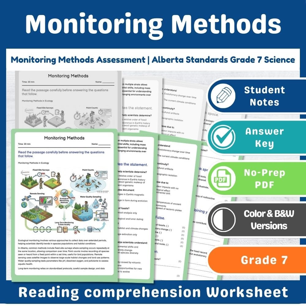 Grade 7 Science assessment worksheet — Monitoring Methods Assessment | Alberta Standards Grade 7 Science — page 1