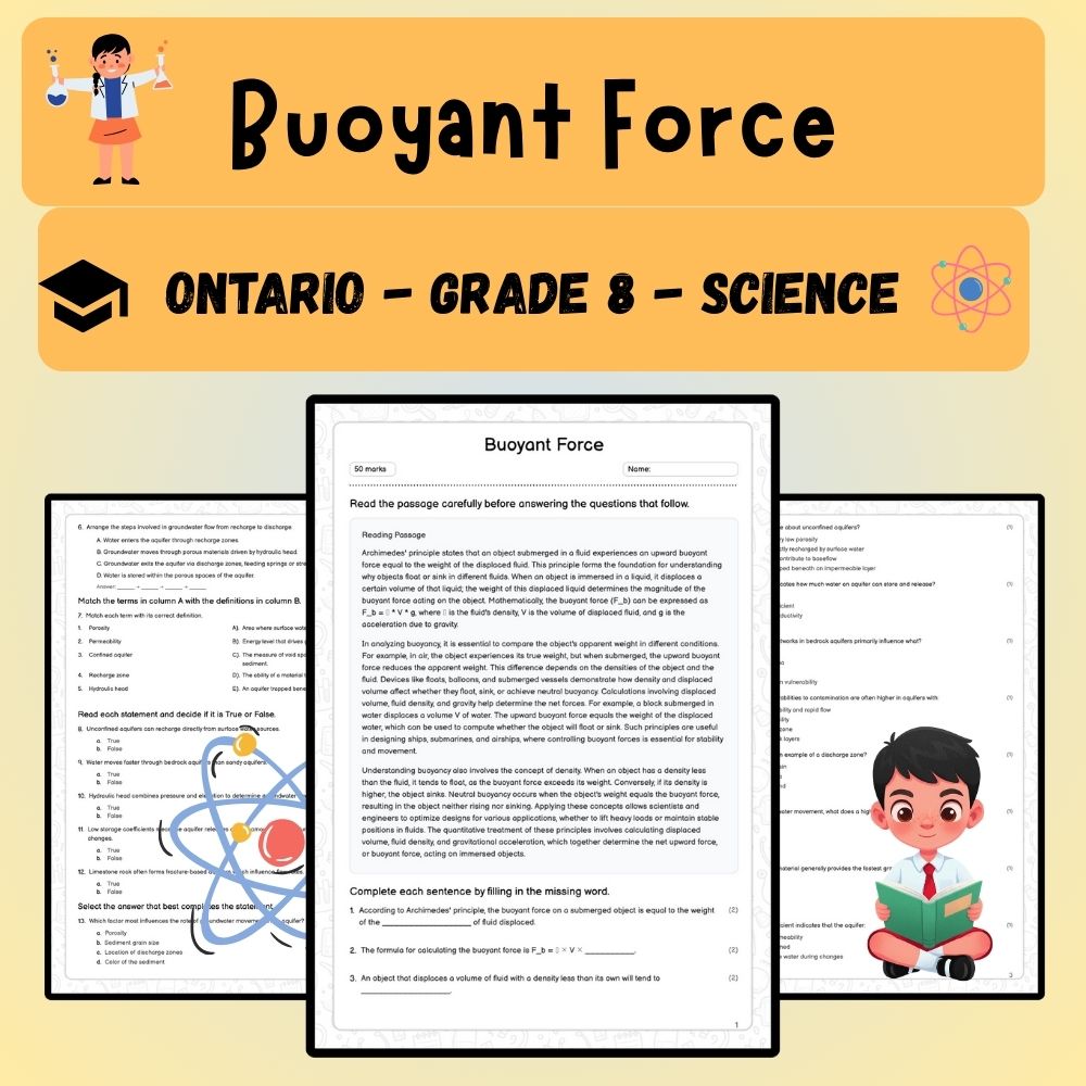 Grade 8 Science worksheet worksheet — Grade 8 Science | Buoyant Force Worksheet (PDF ) – Ontario Standards — page 1