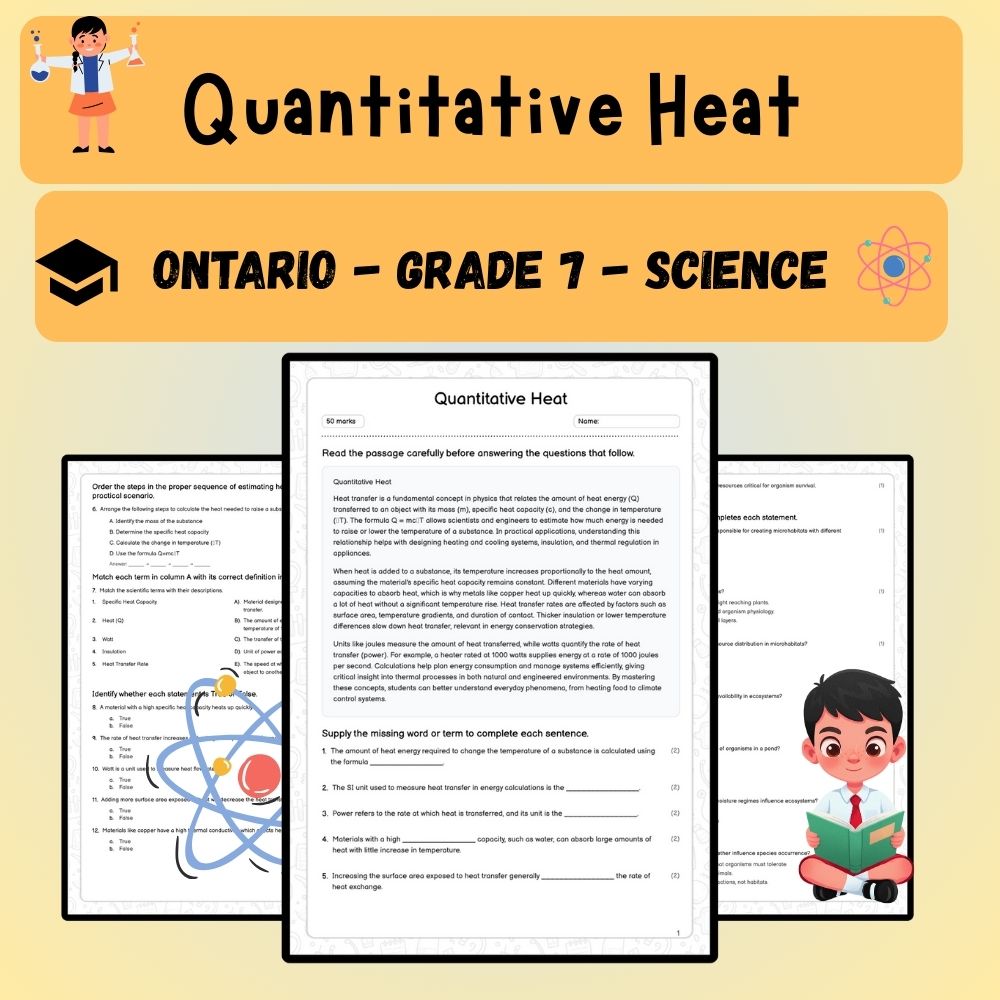 Grade 7 Science worksheet worksheet — Grade 7 Science | Quantitative Heat Worksheet (PDF ) – Ontario Standards — page 1