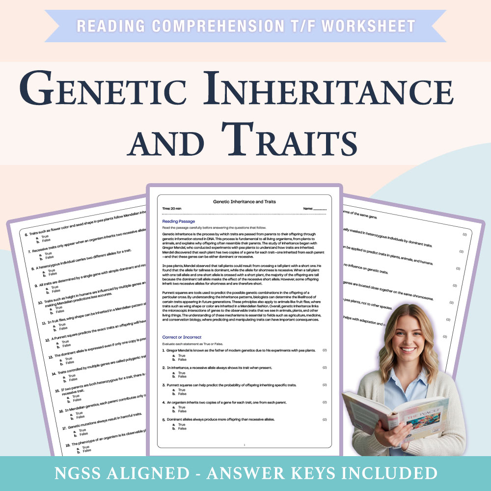 Science reading comprehensions true or false worksheet worksheet — 7th Grade Science | Genetic Inheritance and Traits Work…