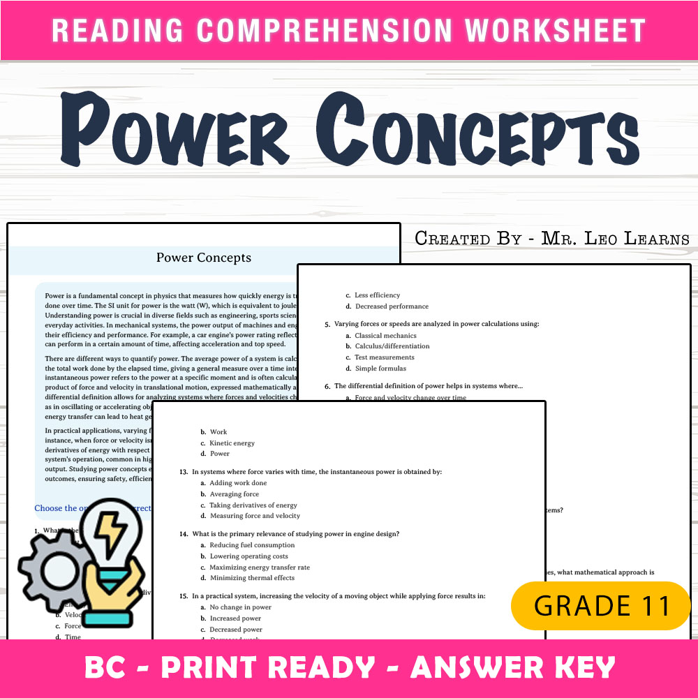 Grade 11 Science worksheet mcq paper worksheet — Grade 11 Science — Worksheet MCQ Paper for Power Concepts — page 1
