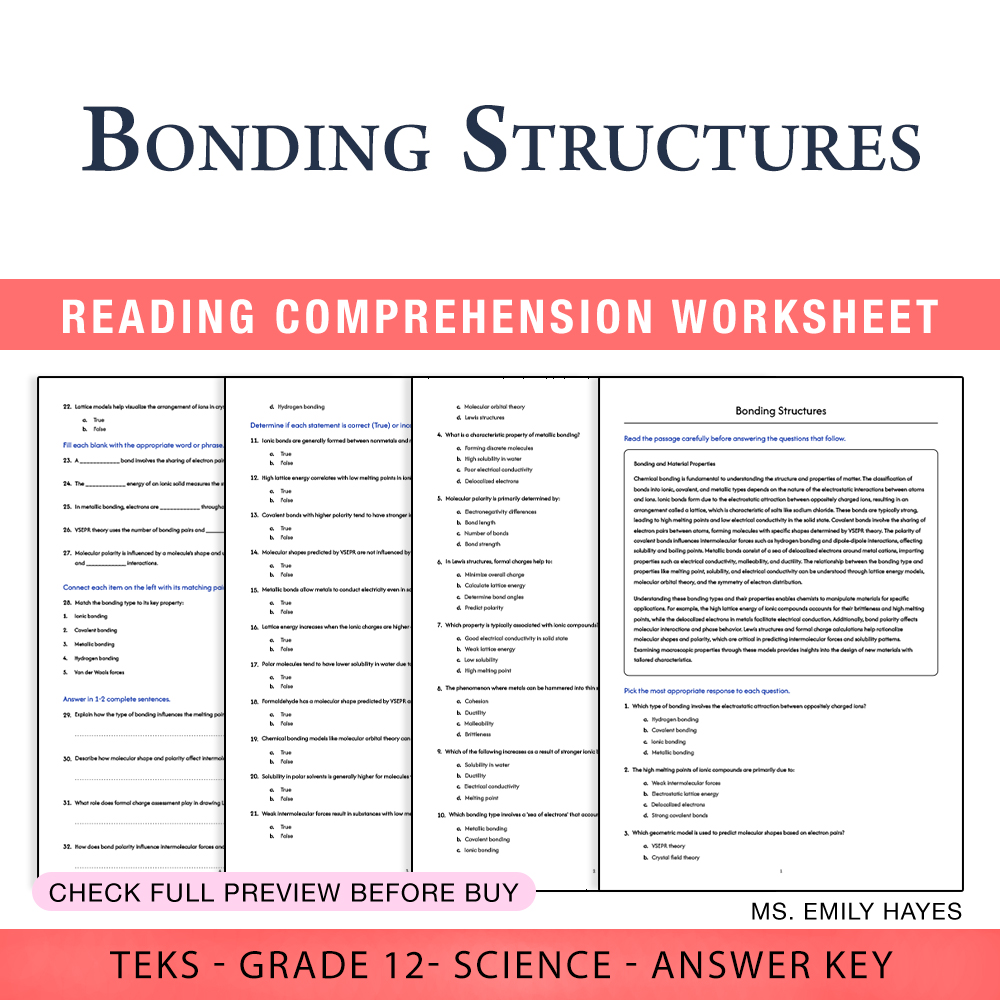 Grade 12 Science worksheet worksheet — 12th Grade Science | Bonding Structures Worksheet (PDF+ Answer Key) — page 1